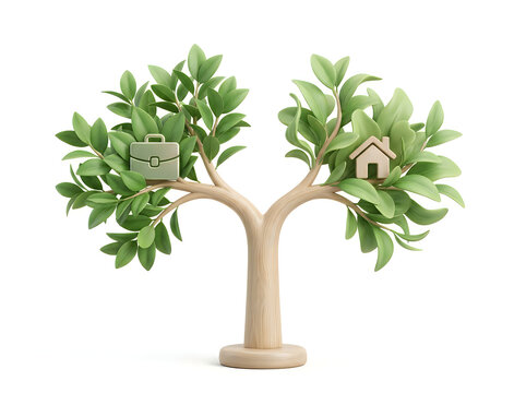 Miniature tree with tiny house and bag