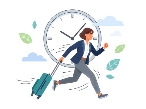 Woman running with suitcase near giant clock