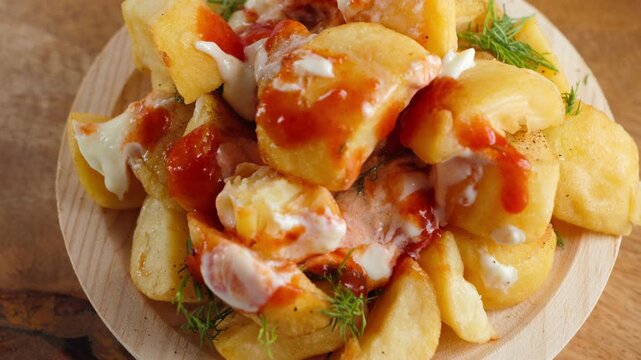 Close-up of crispy patatas bravas served with spicy sauces, a classic Spanish tapas appetizer and popular beer snack. Traditional Spanish cuisine with golden fried potatoes and flavorful sauces. High