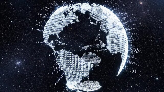 Digital Earth rotating with glowing particles against a starfield background representing global connection and technology