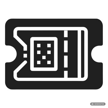 A black silhouette icon of an admission ticket with a perforated edge and a central pattern, isolated on a white background, for event use