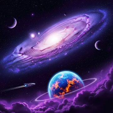 A breathtaking deep purple night sky filled with glowing stars and distant planets, evoking a sense of wonder at the vast cosmic universe, digital art, texture, glowing