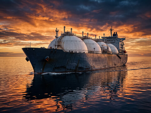 liquefied natural gas carrier ship navigating through calm water against a sunset sky with dramatic clouds for the theme of international maritime transportation energy supply