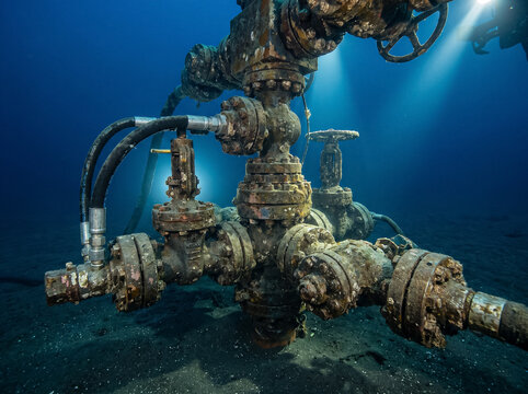 underwater subsea xmas tree equipment with valves and pipes on ocean floor illuminated by artificial light