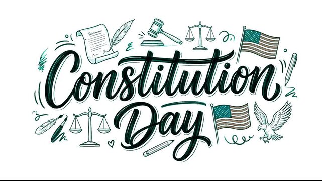 Constitution Day lettering banner with hand drawn patriotic flags scales of justice and law doodles
