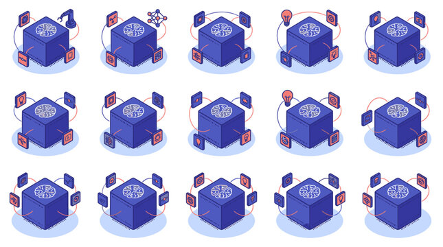 Dynamic of Neural Network Servers with Interactive AI Components and Data Flow Connections with high quality professional line art symbols for modern creative design and digital branding projects