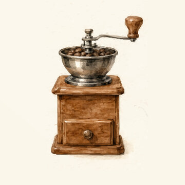 old coffee grinder with water color style