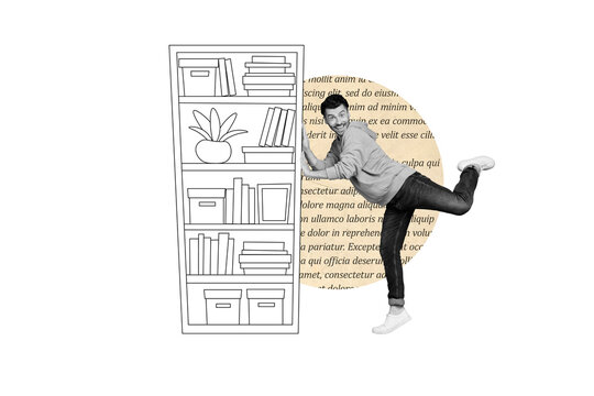 Creative trend collage of&nbsp;funny young man pushing shelp living room furniture shopping interior design&nbsp;unusual fantasy billboard comics