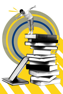 Creative design composite trend artwork collage of hobby study reader education young man confused keep balance stand pile book knowledge