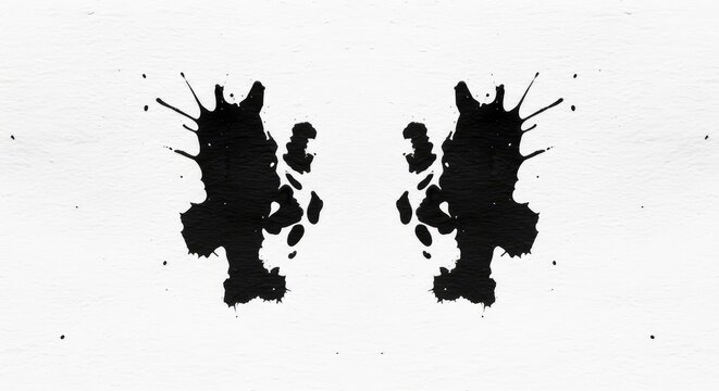 A symmetrical black ink splatter on textured white paper creating a mirrored abstract shape used for psychological evaluation and study, white, mind, fluid
