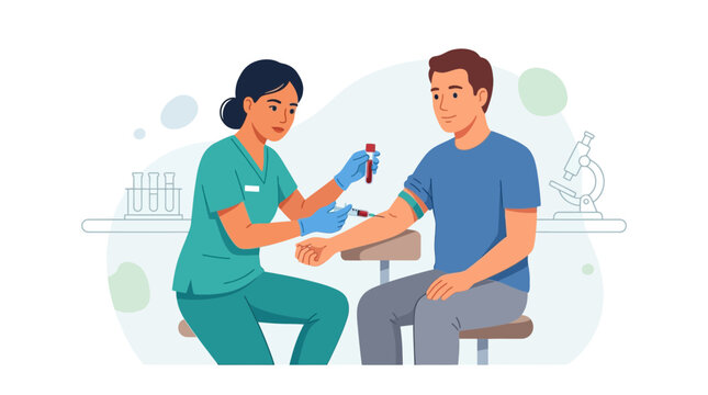 Medical Professional Drawing Blood Sample from Patient in Clinic - Vector Illustration