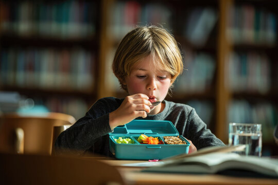 A boy eats food from a lunch box in the school library