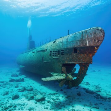 An abandoned submarine rests on the ocean floor amidst silt and eerie shadows, revealing traces of forgotten history in the deep blue abyss, cold, machinery, lost