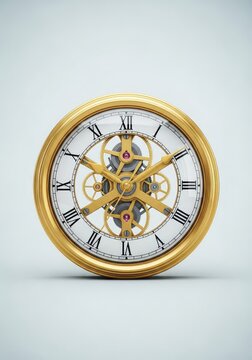 An elegant vintage gold clock features intricate exposed gears and a polished metallic finish, making it a sophisticated home decor piece, detailed, cog, decor
