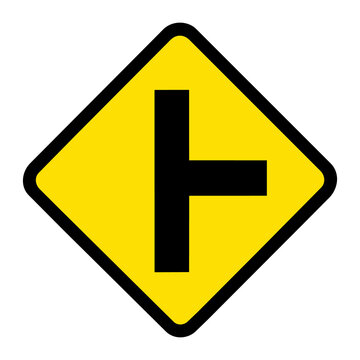 Yellow diamond side road right T-junction warning road sign vector illustration