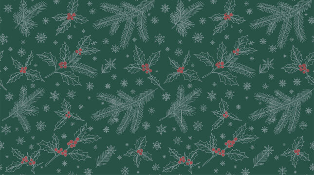 Merry Christmas Merry Christmas dark green pattern with holly leaves and red berries for festive winter wallpaper and fabric design