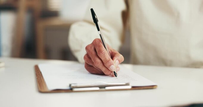 Hands, paperwork and senior person in office with signature, agreement or insurance contract. Documents, application or elderly client in firm with writing, personal information or retirement annuity