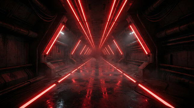 Futuristic dark scifi corridor with glowing red neon lights, industrial metal walls, and a wet reflective floor in a mysterious atmospheric tunnel