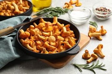 Frying pan with chanterelle mushrooms, knife, spices and rosemary on grey table, closeup © New Africa