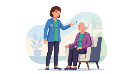 Fototapeta premium Nurse checking elderly woman's temperature with infrared thermometer, healthcare and wellness concept