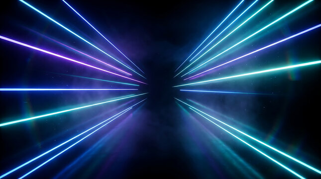 Abstract background with glowing neon light streaks in blue and purple, creating a futuristic tunnel effect with motion blur and particles in deep space