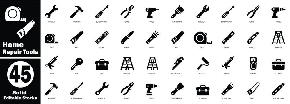 Home repair tools: a set of black solid icons set on a transparent background for hardware retail stores and carpentry handymen. Editable vector illustration.