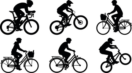 Fototapeta premium Set of silhouettes of people riding different types of bicycles