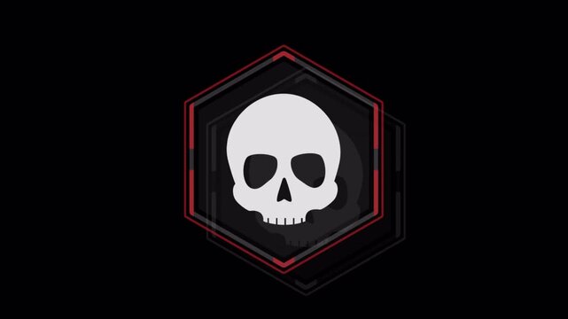 Minimalist skull icon inside a glowing red hexagon on black background.