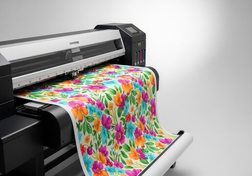 A close up view of a large format inkjet printer outputting a vibrant floral pattern on high-quality paper in a bright studio setting, digital, colorful, output