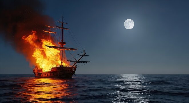 A massive wooden galleon engulfed in bright orange flames and thick black smoke drifts across the dark night ocean under a full moon glow, explosion, ship, sea