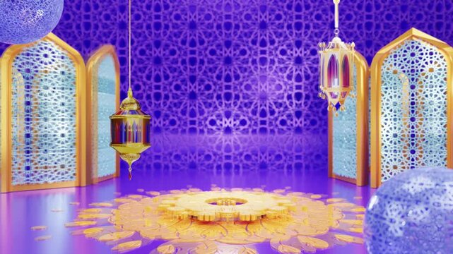 Islamic ramadan background with golden lanterns and purple geometric pattern for festive celebration and greeting cards.