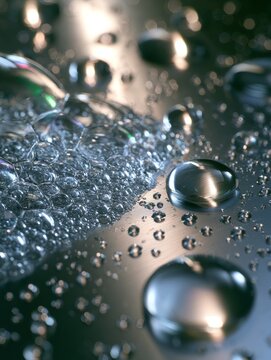 Water droplets and iridescent foam accumulating on a brushed steel background