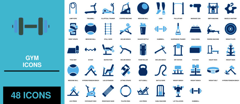 Gym fitness equipment vector icon set collection