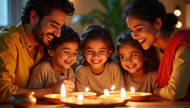 family celebration with parents and three children gathered around lit candles and clay diyas, family celebration capturing warm smiles, hands holding candles, soft bokeh lights and festive decor,