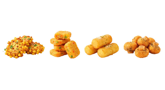 Selection of deep fried croquettes and tater tots snacks white background with crispy food, potato croquettes, fried potatoes white background
