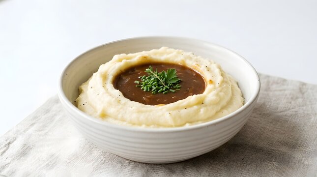 Bowl of creamy mashed potatoes with a well of savory brown gravy and fresh herbs, served on a linen napkin