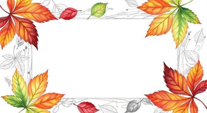 An elegant watercolor frame featuring delicate autumn leaves in warm shades of orange and yellow contrasted with subtle cool grey tones, subtle, soft, muted