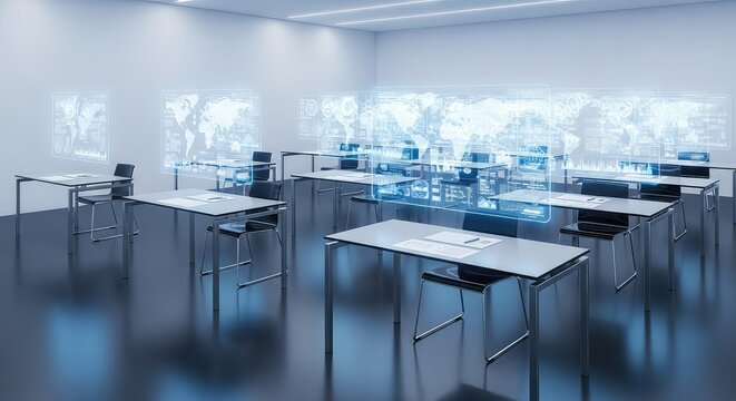An empty futuristic classroom featuring glowing holographic projections of global maps and scientific data above sleek glass desks and seats, innovation, classroom, laboratory