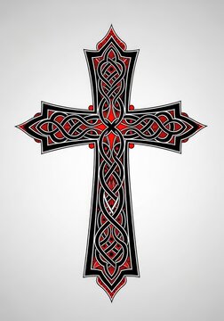 Artistic tattoo design featuring a stylized cross with intricate black patterns and vibrant red accents on a clean neutral studio background, texture, detail, composition
