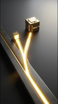 Illuminated path divides between light and heavy choice. Business decision, resource allocation, logistics strategy, and operational prioritization concept. Vertical video