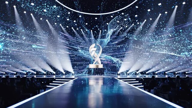 Award ceremony stage with dynamic lighting and abstract digital energy during an event with trophy presentation