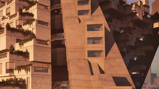 Workers are seen near a unique structure in a city. The building features multiple levels with greenery integrated into its design. Sunshine casts shadows on the surfaces.