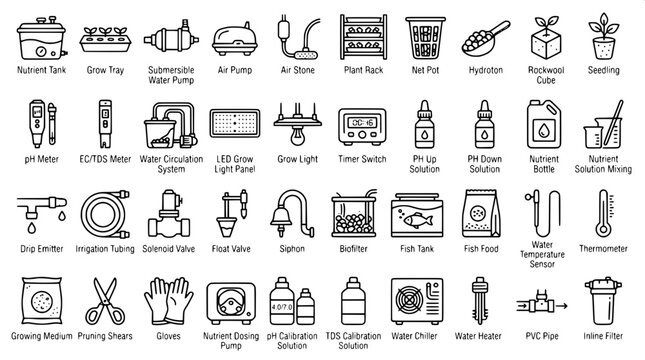 Comprehensive set of hydroponics and indoor growing system icons with nutrients pumps and sensors nutrient tank grow tray air pump