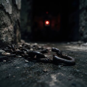 Heavy metal chain links resting on dark stone floor inside a dim industrial dungeon or prison setting with broken chain rusty metal prison cell mysterious light