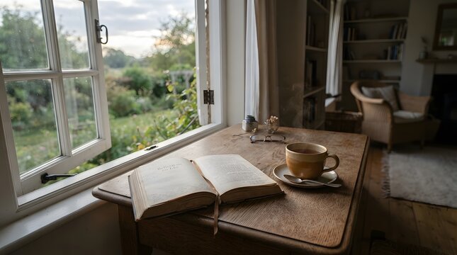 Cozy rustic room interior with open window overlooking green garden old book steaming cup of coffee on wooden table morning routine hot beverage reading nook