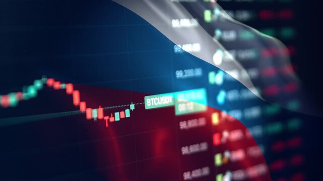 A dynamic timelapse video featuring fast moving stock market candlestick bars blended with a waving Russian flag, representing Russian economy, Moex financial markets, and Eurasia trading dynamics.
