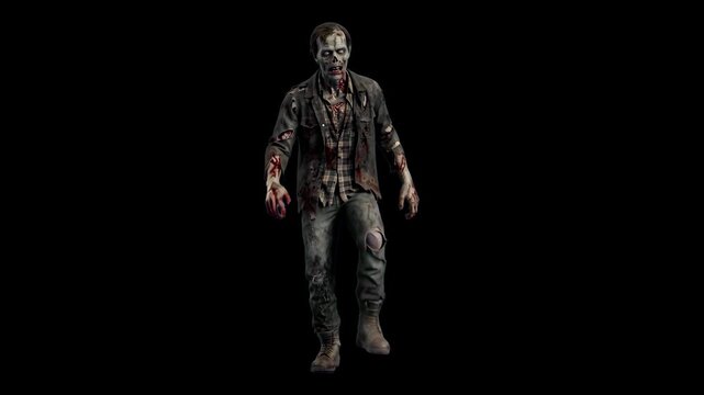 A spooky 3D zombie monster in dirty ragged clothes walking towards the camera, isolated against a solid black background. Designed for cinematic horror scenes, Halloween promo overlays, dark atmospher