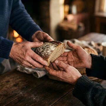 Two people sharing and breaking a loaf of homemade seeded bread together inside a rustic cabin with people hands meal sharing community food artisanal bread