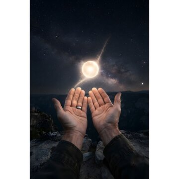 Hands reaching up towards a glowing star and nebula in the night sky during a starry night with nebula cosmos space universe celestial light hands up astronomy vie