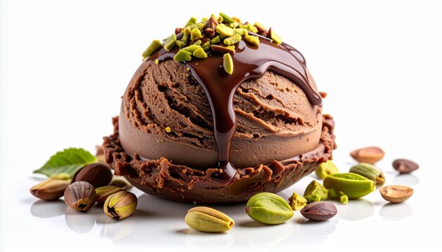 Realistic close-up of Dubai chocolate ice cream, creamy texture, pistachio and chocolate toppings, isolated on a clean white background.